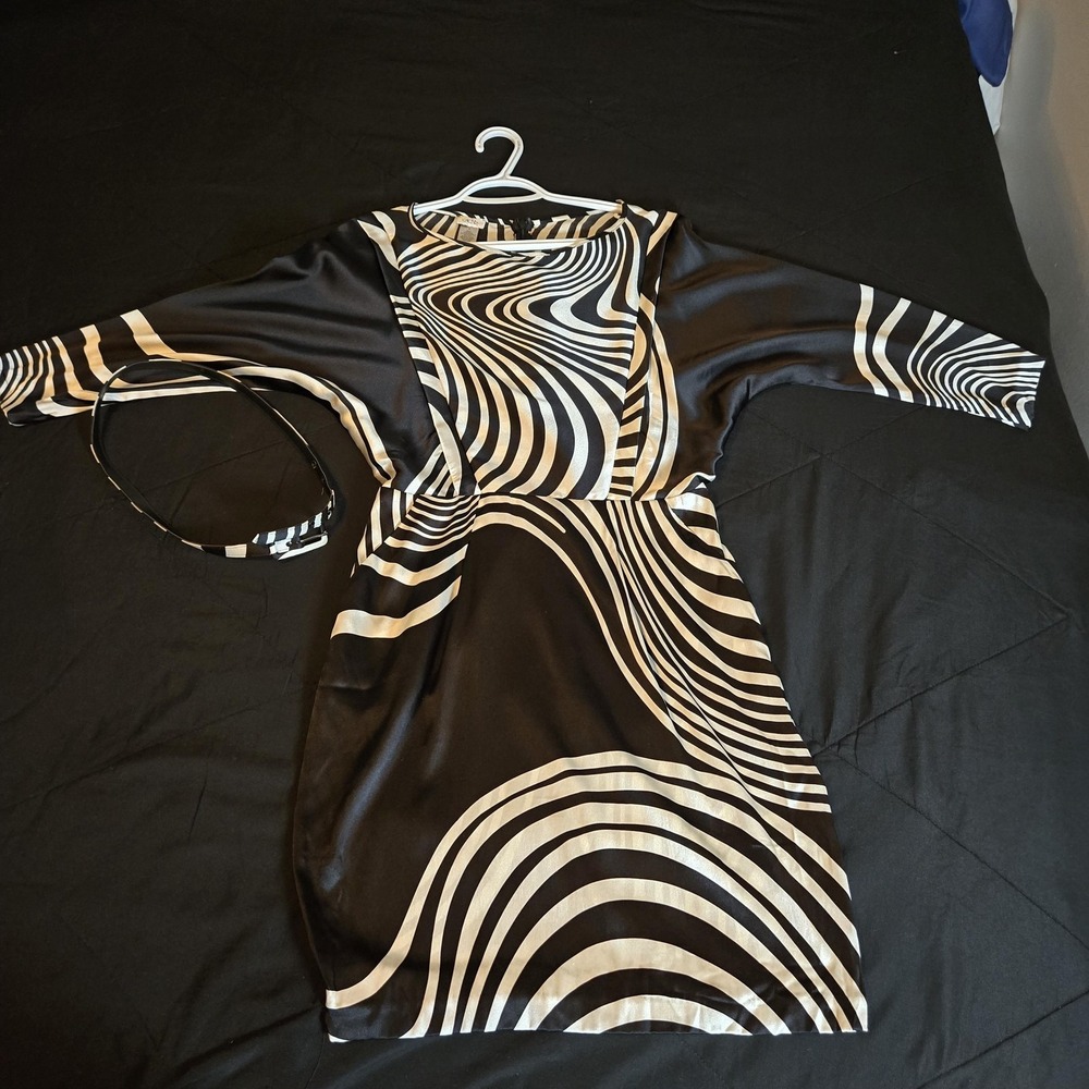 Cache Dress Womens 2 Black 95%Silk Blend Graphic Stripe Belted Sheath 3/4 Sleeve
